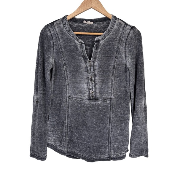 Jane and Delancey Burnout Thermal Henley Top Womens Small Gray Roll Tab Sleeves - Picture 1 of 16